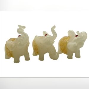 Feng Shui Set of 3 White Jade Elephant Figurines with Gold Accents